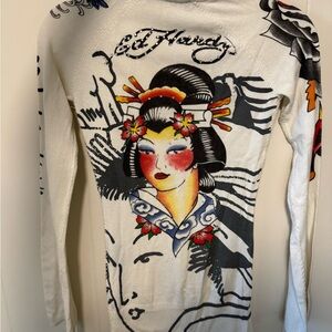 Ed Hardy White Sweater with Geisha Art